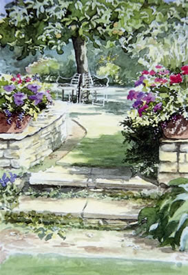 Apple tree and seat - watercolour by Dorothy Pavey