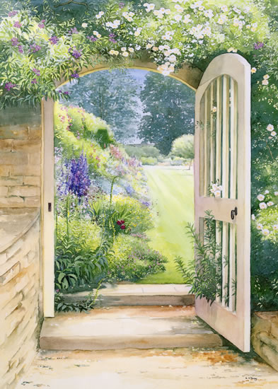 A Cotswold Manor Garden - watercolour by Dorothy Pavey