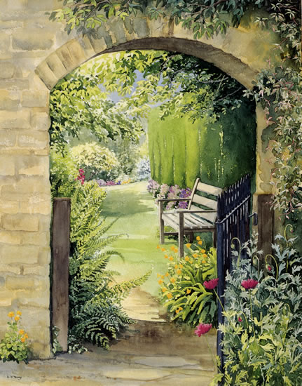Garden Gate and Bench - watercolour by Dorothy Pavey